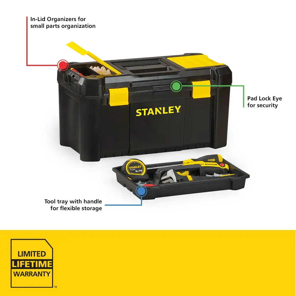 A black and yellow Stanley toolbox with features highlighted: in-lid organizers for small parts organization, a padlock eye for security, and a removable tool tray with handle for flexible storage. The image also shows a 'Limited Lifetime Warranty' label.