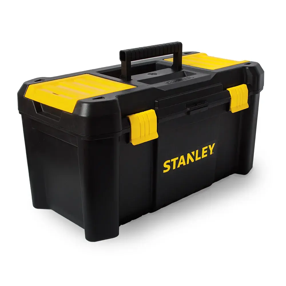 A black and yellow STANLEY plastic toolbox with a handle on top, two yellow latches on the front, and the STANLEY logo printed on the side.