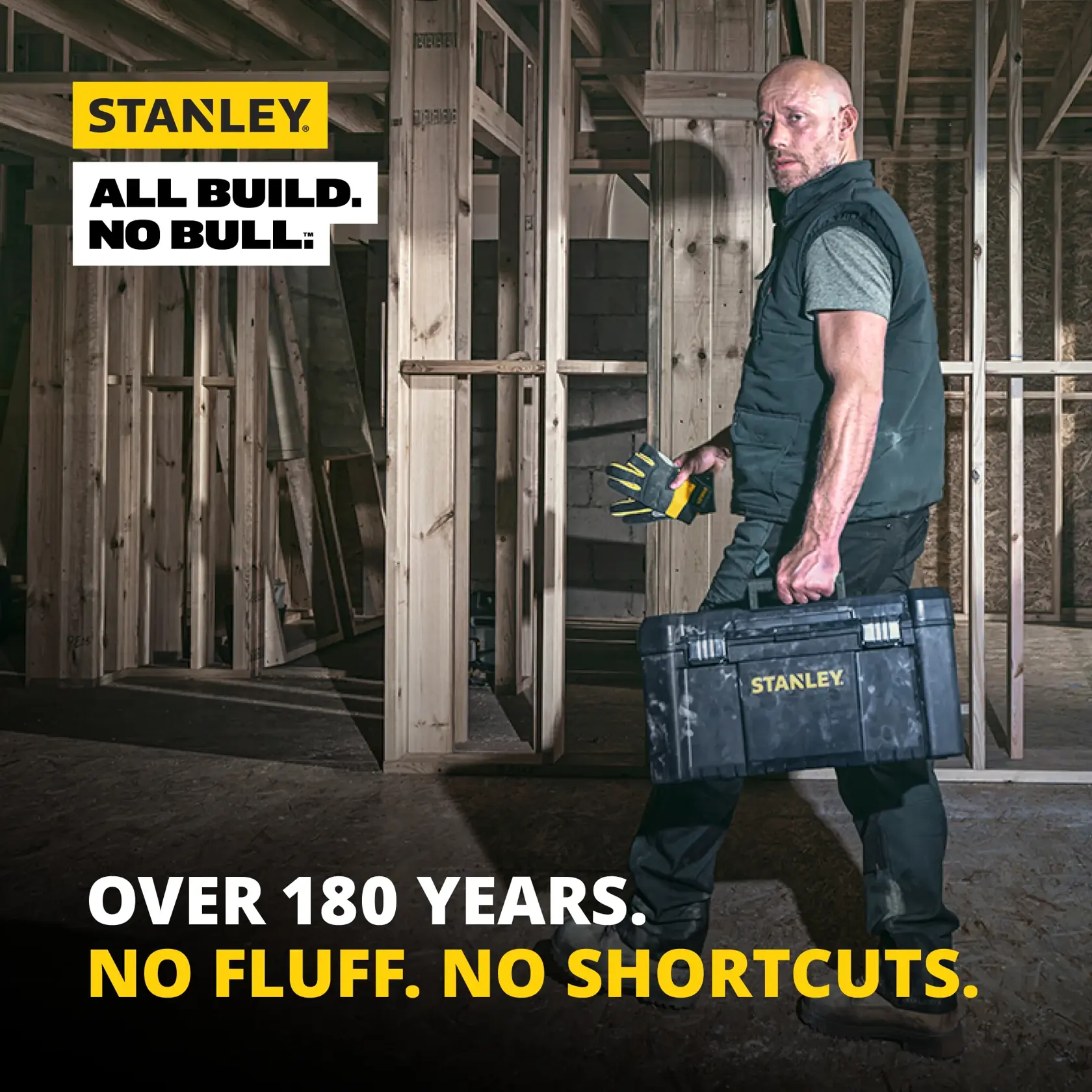 Stanley toolbox, gloves, construction frame; STANLEY logo, slogans, SKUs: 43-511, 11-301T, 34-794, 89-817, 16-304, 21-291