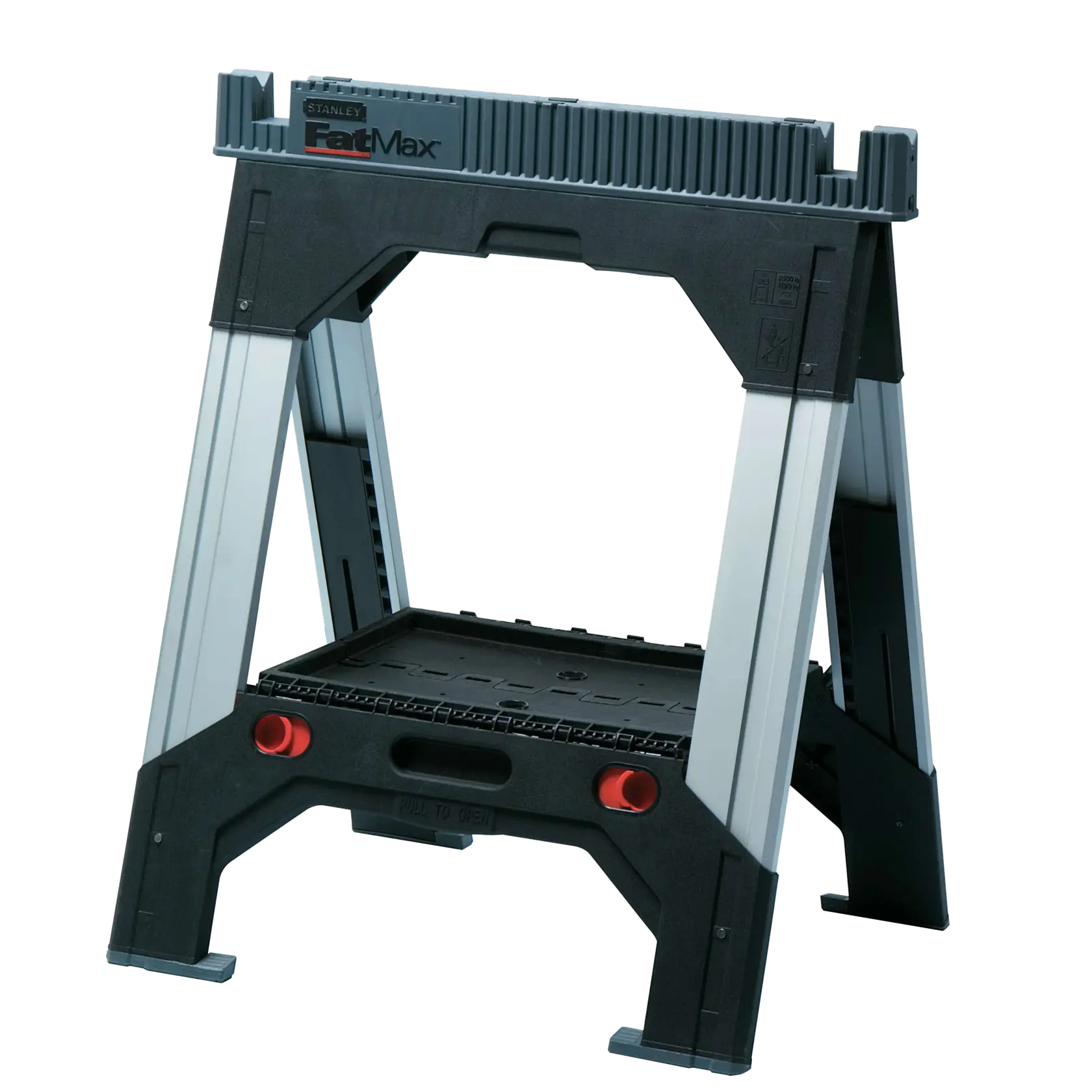 Stanley FatMax folding sawhorse, black and gray, front angle on white background.