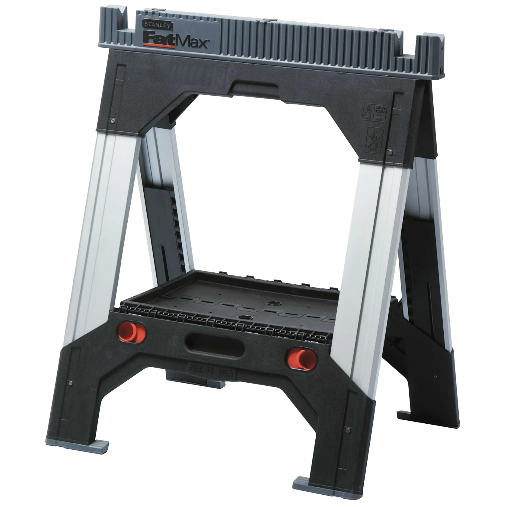 A Stanley FatMax folding sawhorse, made of black and grey plastic with aluminum legs, designed for supporting materials during construction or carpentry work.