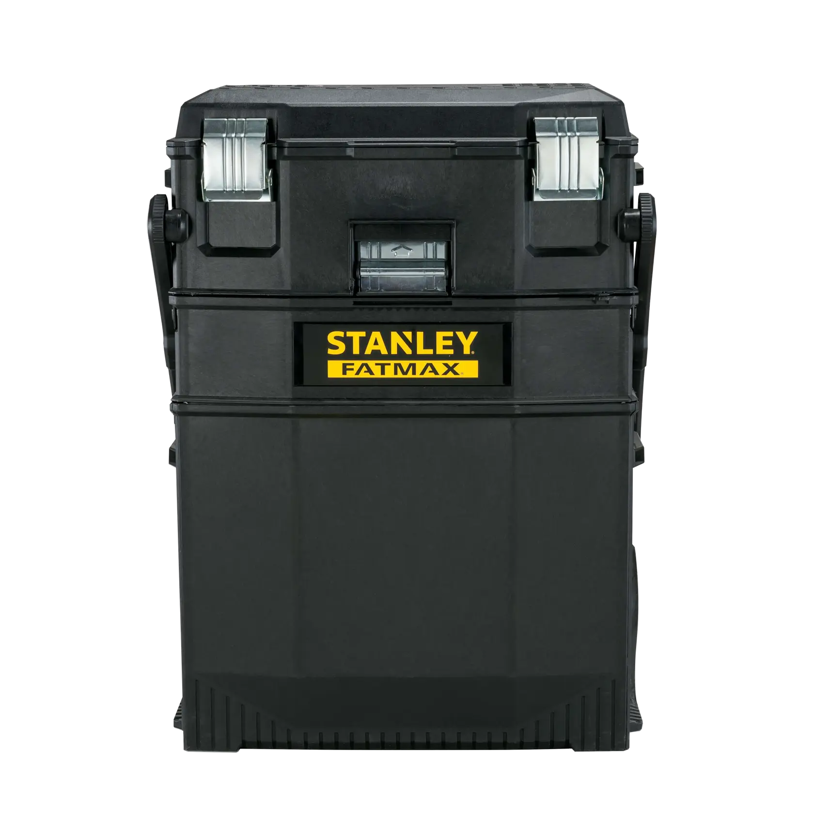 Front view Stanley FATMAX black rolling tool box with metal latches and yellow logo on white background