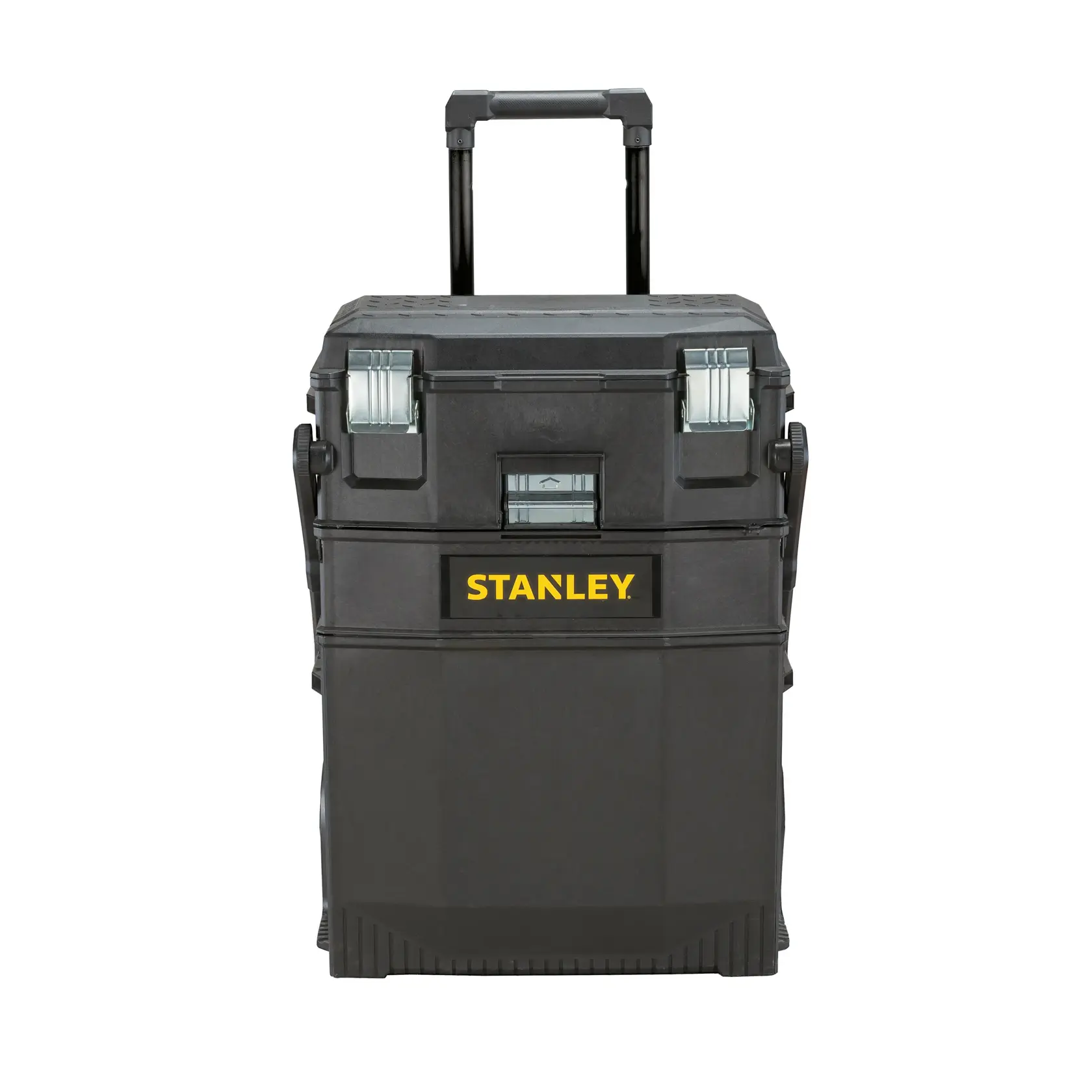 Stanley rolling toolbox with telescoping handle, black plastic, front angle, silver metal latches, FATMAX logo