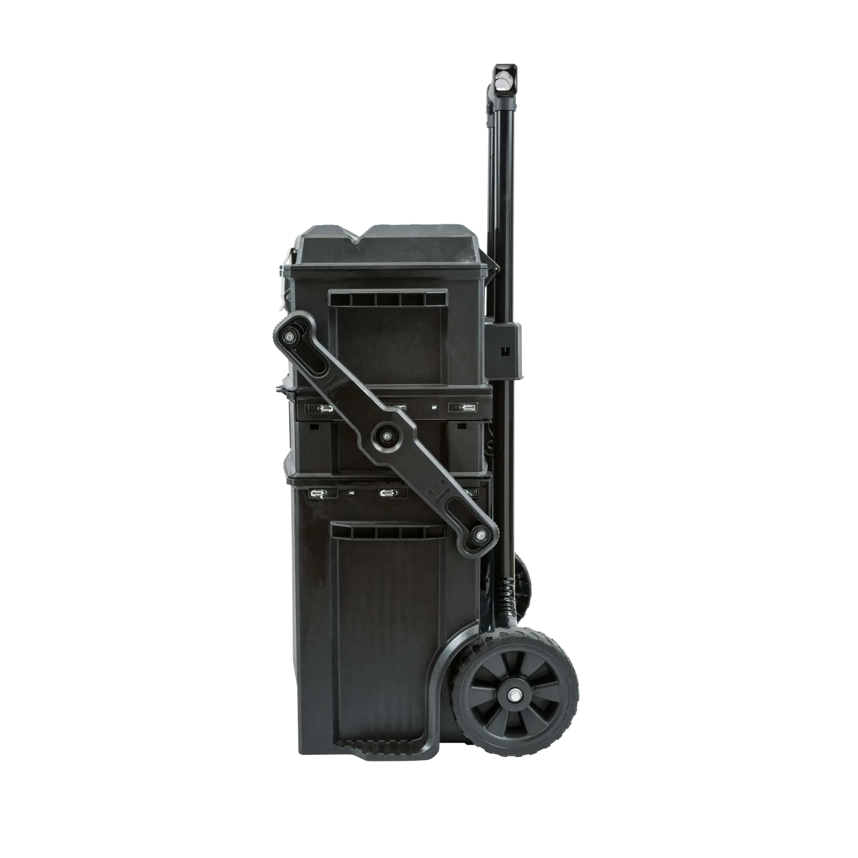 Stanley black rolling tool chest side view, stacked compartments, large wheels, white background