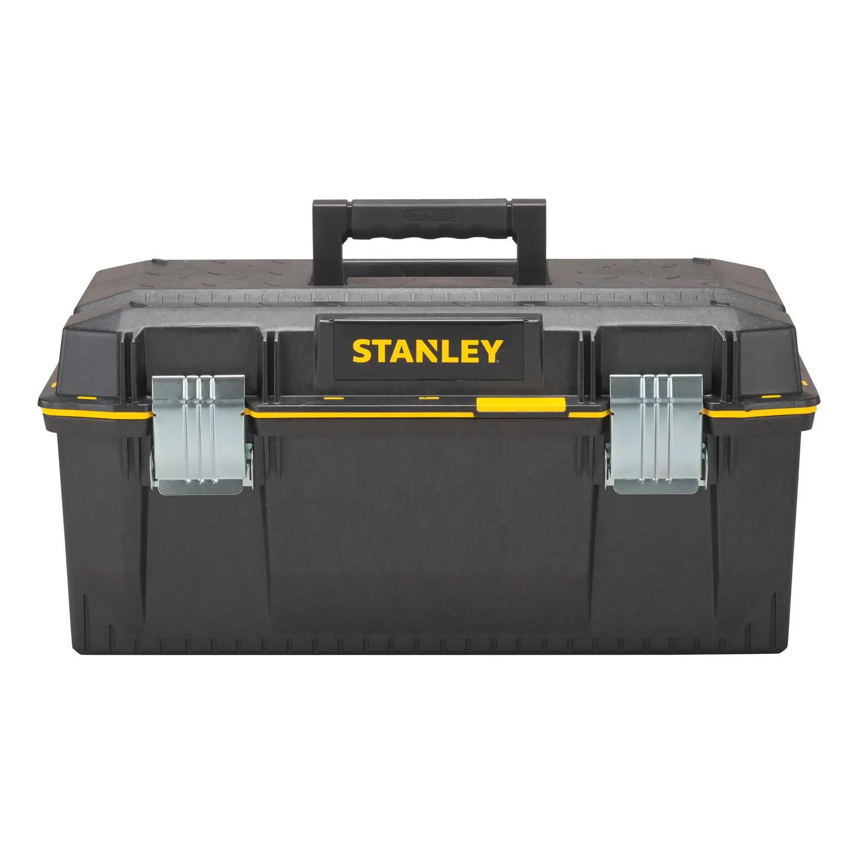 Front view of STANLEY FATMAX black toolbox with yellow accents, metal latches, and sturdy handle on white background