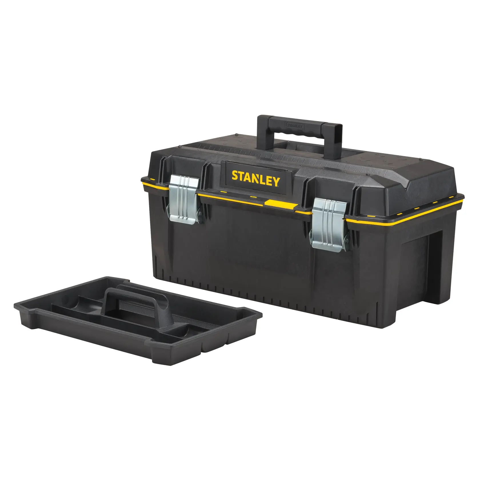Stanley FATMAX black toolbox with yellow accents, metal latches, handle, and removable tray, front angle.