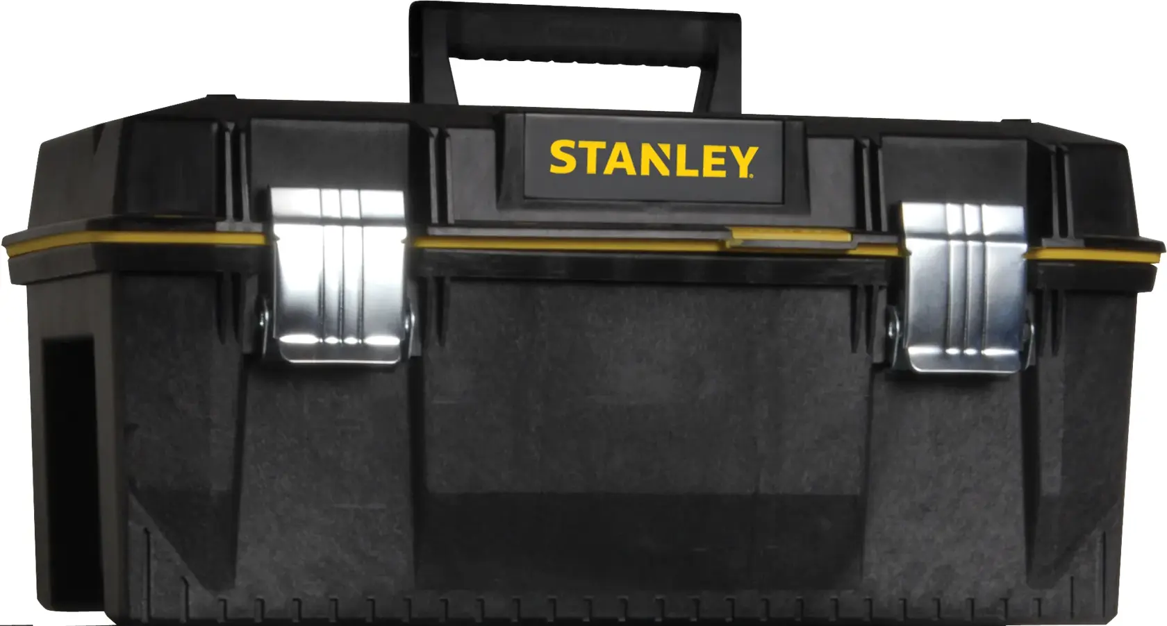Photo of a STANLEY 023001W black plastic toolbox with yellow accents, metal latches, and a top handle, front angle.