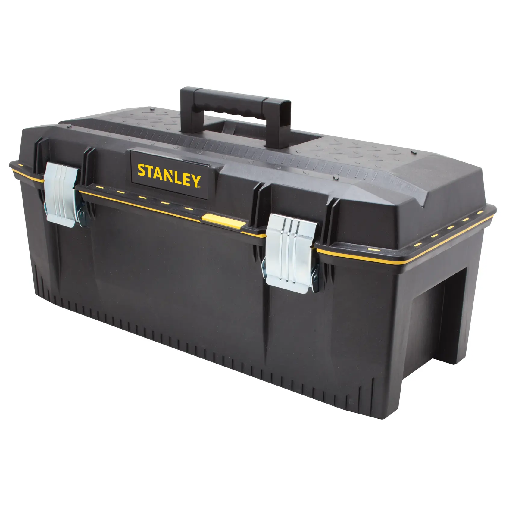 Stanley FATMAX black plastic toolbox with yellow accents, metal latches, and top handle, front angle on white background.