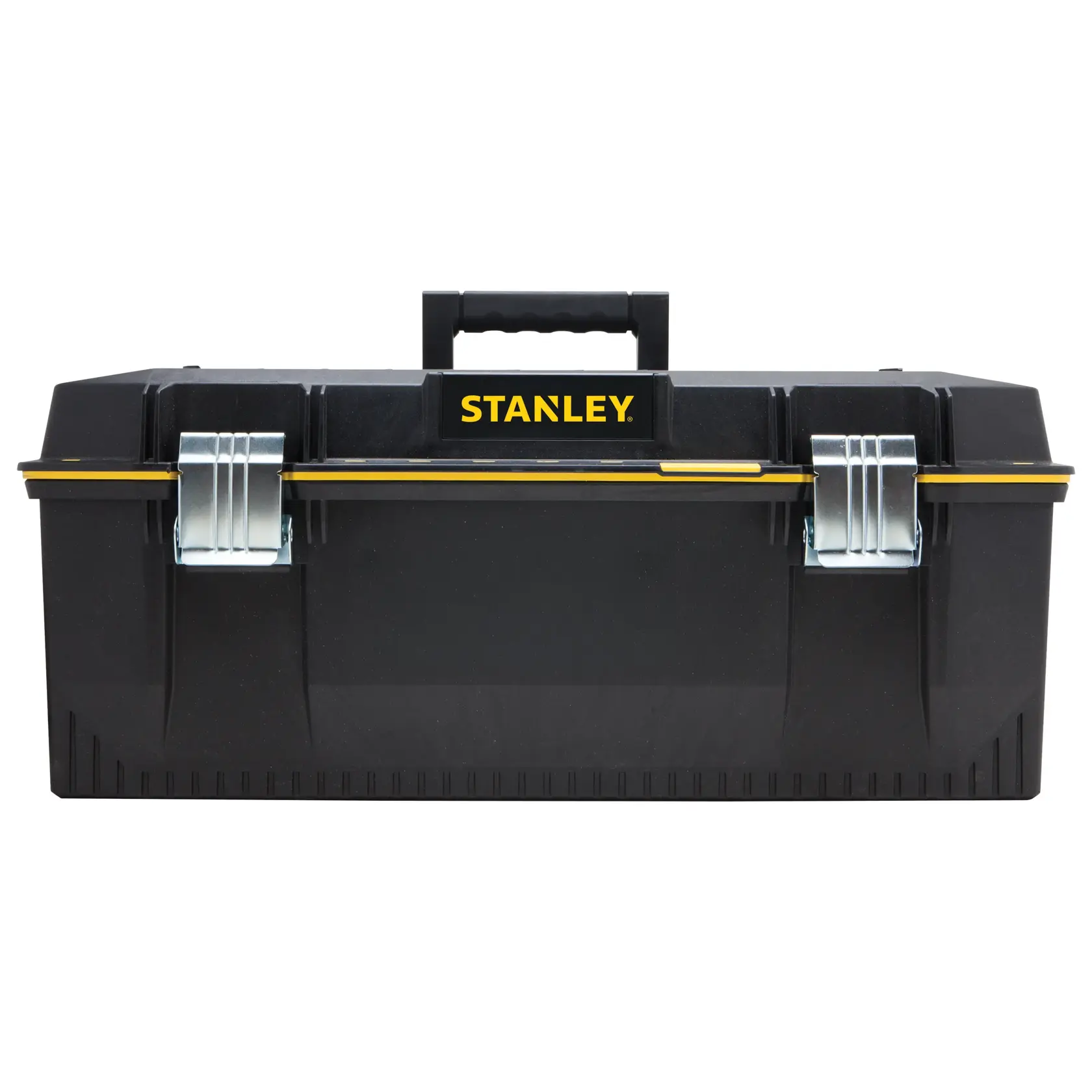 Front view of STANLEY FATMAX black plastic toolbox with metal latches, handle, and yellow accents on white background.