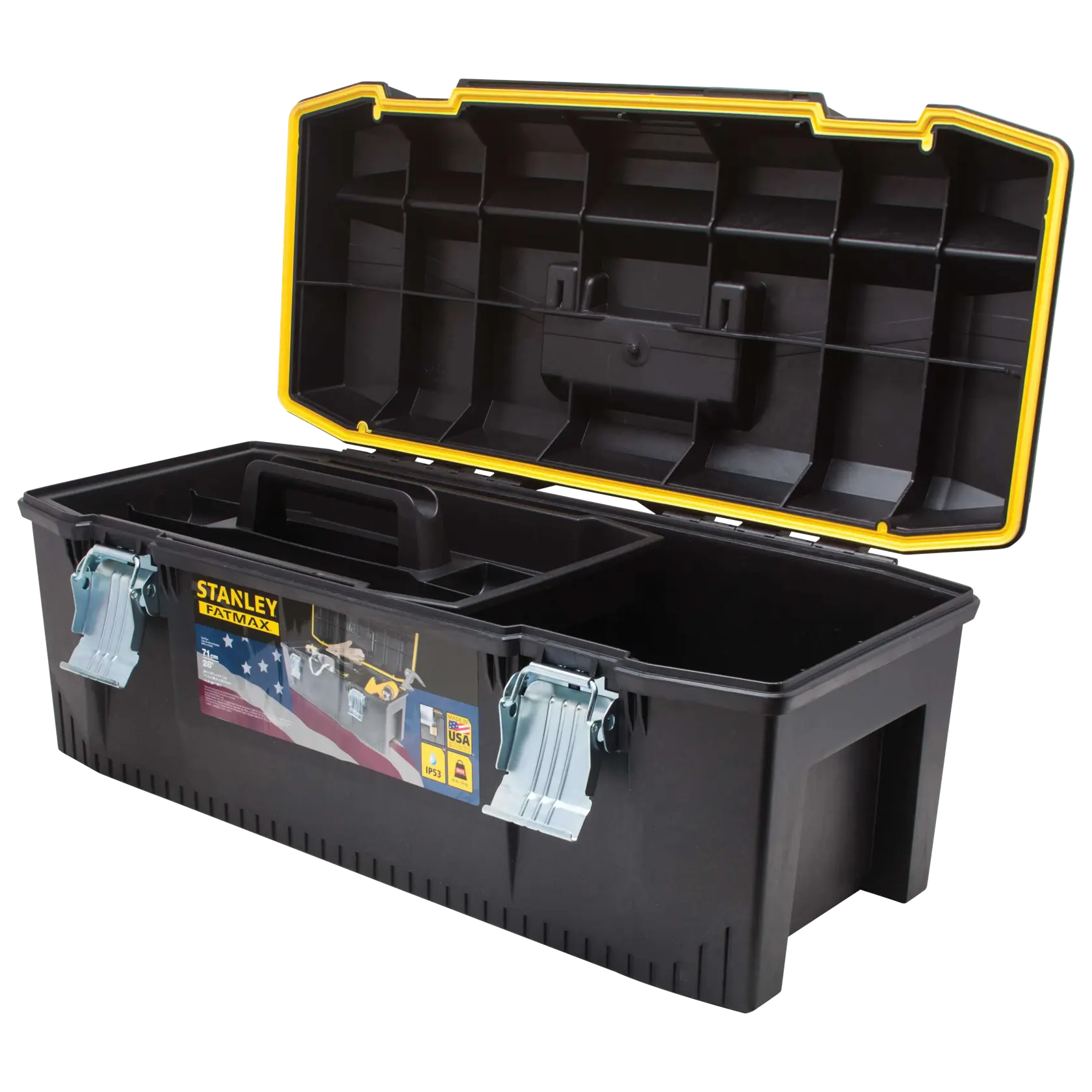 Stanley FATMAX black plastic toolbox with yellow trim, open lid, inner tray, and metal latches, angled front view