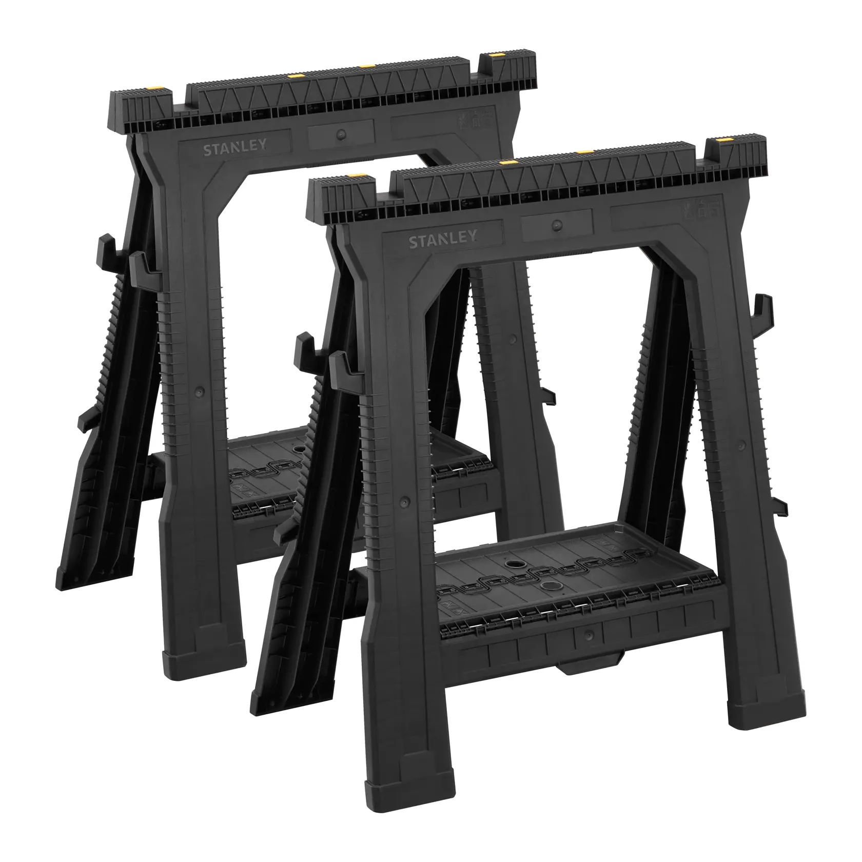 Photo of STANLEY 060864R black plastic sawhorse pair, side angle, with yellow details.