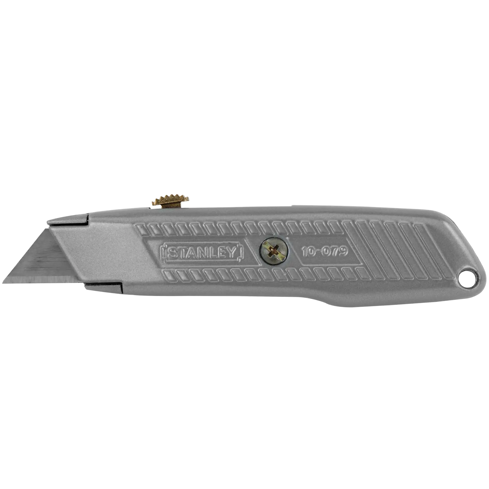 Stanley utility knife side view, silver body with textured grip and visible blade, white background