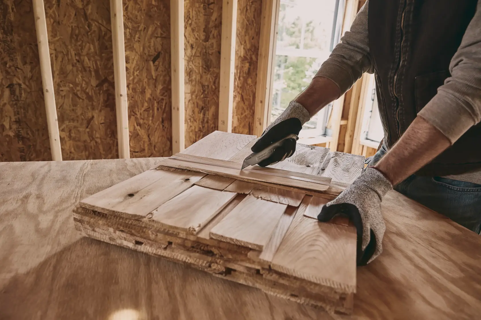 Photo of STANLEY 10-099 utility knife cutting wood in a workshop, close-up of hands wearing gloves.