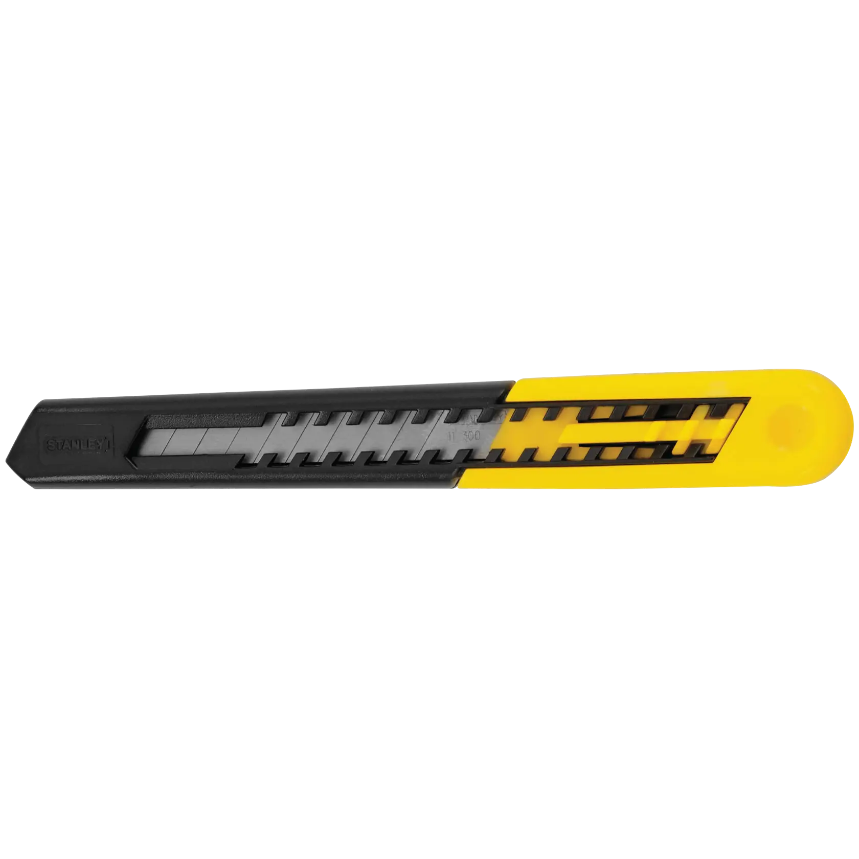 Stanley utility knife, black and yellow, side angle on white background showing segmented blade.
