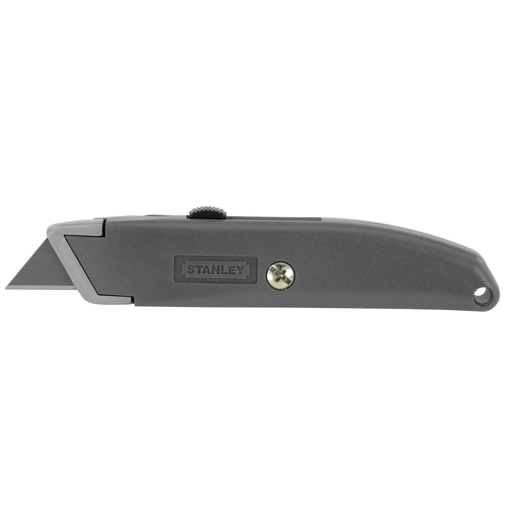 Stanley utility knife in gray, side view on white background, with exposed metal blade and thumb slider