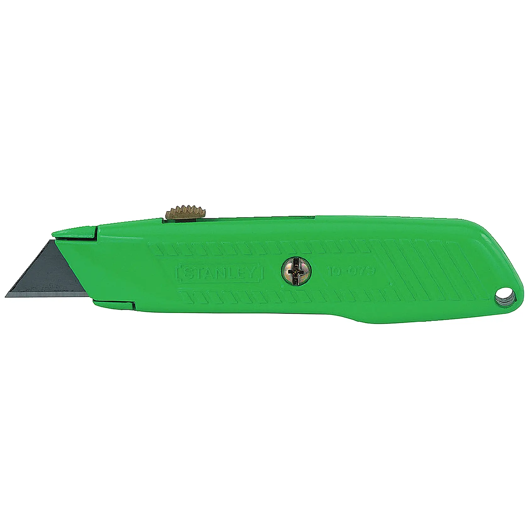 Stanley green utility knife side view with metal blade and textured handle on white background.