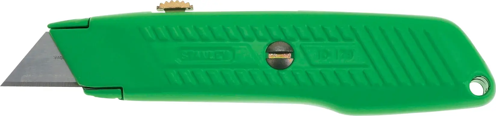 Photo of STANLEY 10-179 green utility knife, side view, with metal blade and textured handle.