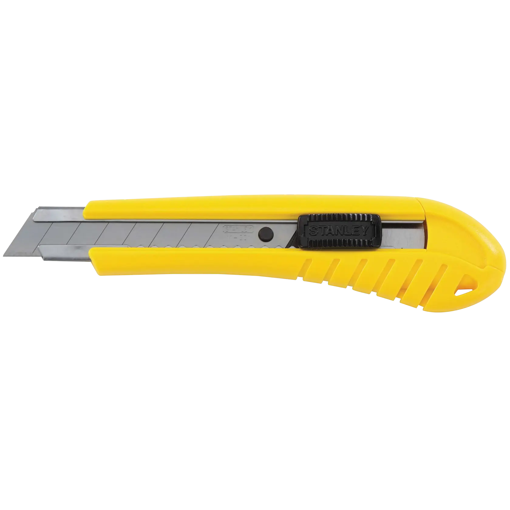 Stanley snap-off utility knife with yellow handle, extended blade, side profile, white background.