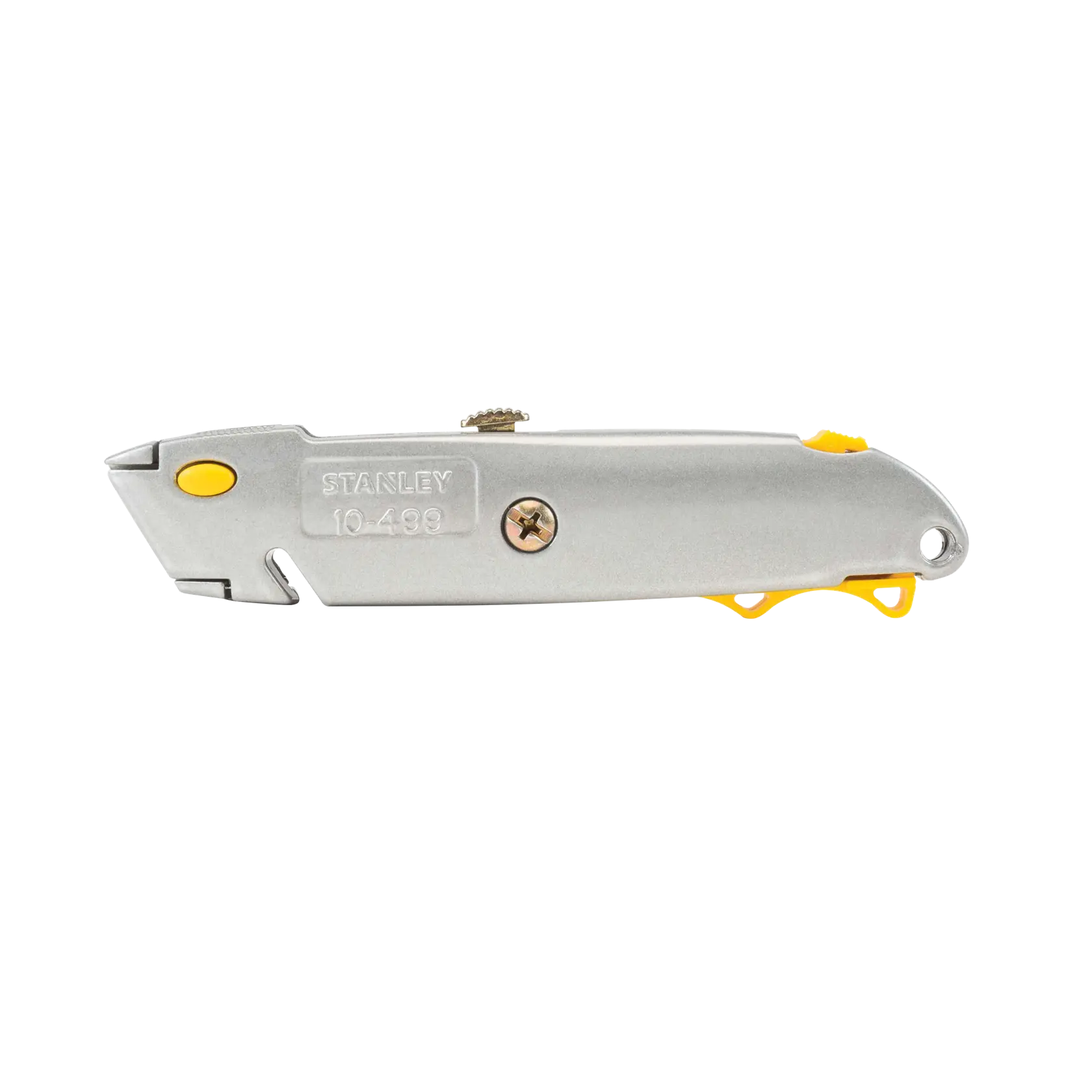 Stanley utility knife, side view on white background, silver body with yellow accents, model 10-499