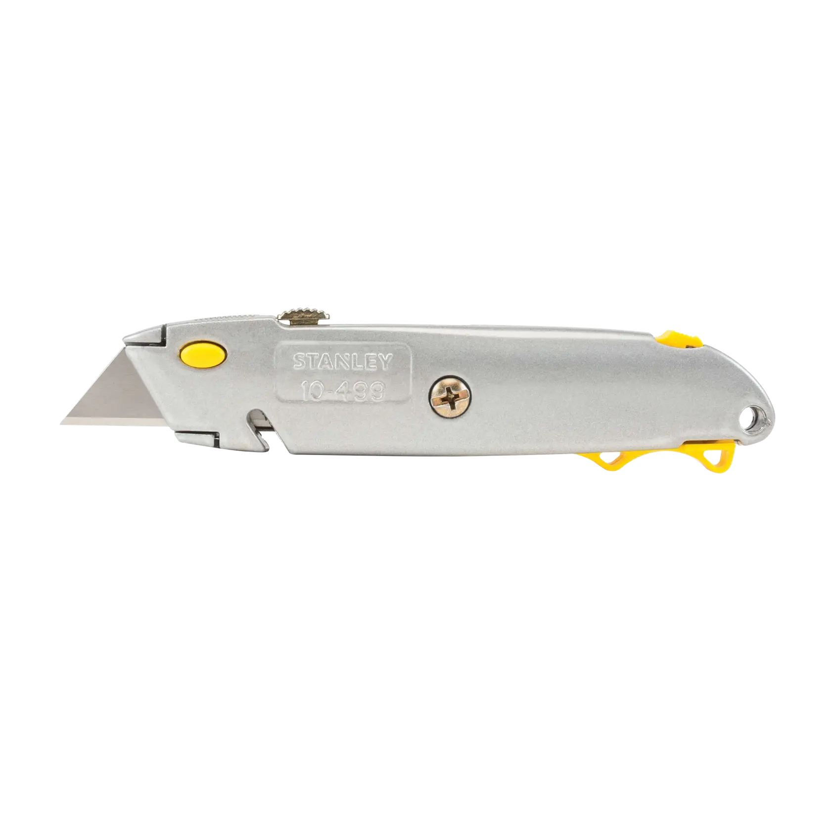Stanley utility knife side view, silver metal body with yellow accents, exposed blade, white background