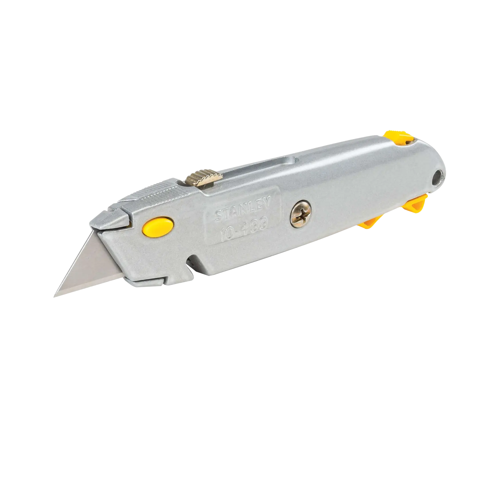 Stanley utility knife with silver metal body, yellow accents, and exposed blade, angled right on white background.