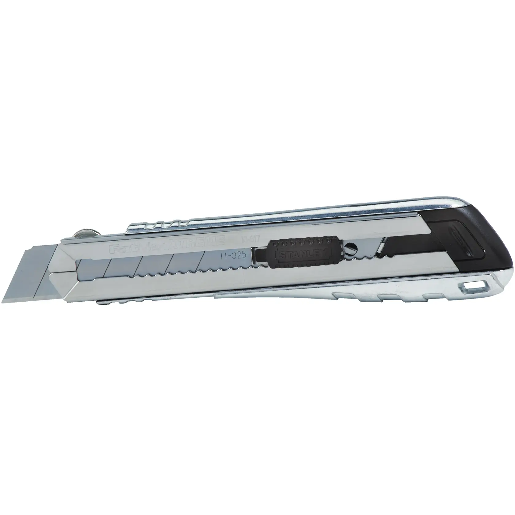 Stanley utility knife side view, silver metal body with black slider and segmented blade on white background