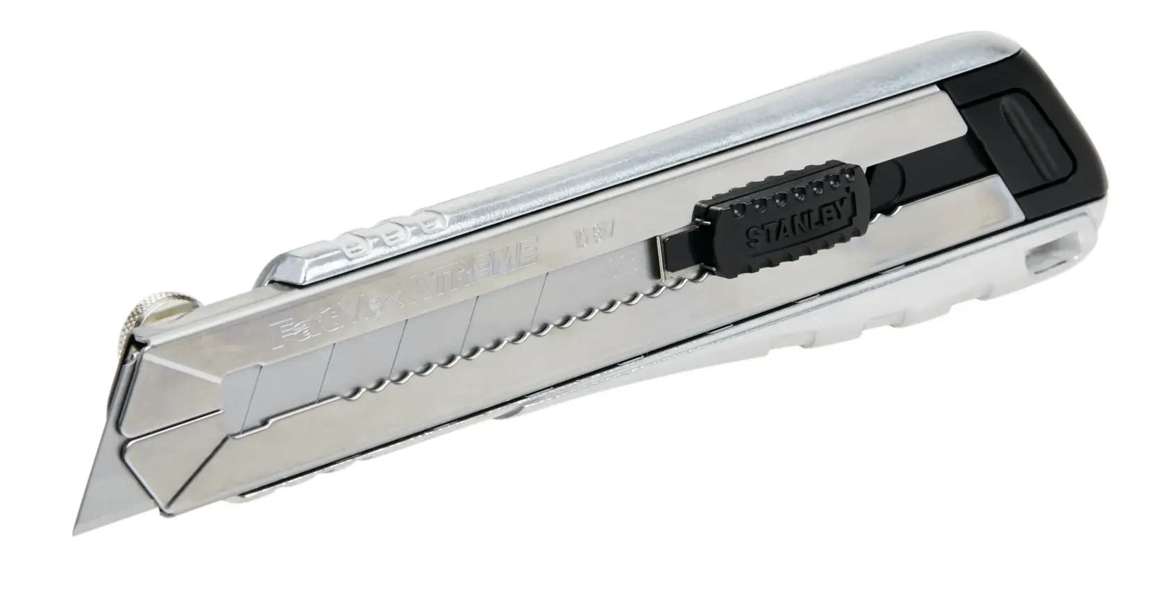 Stanley utility knife with retractable segmented blade, silver and black, side angle on white background