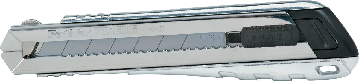 Stanley retractable utility knife side view on white background, silver body with black grip and segmented blade.