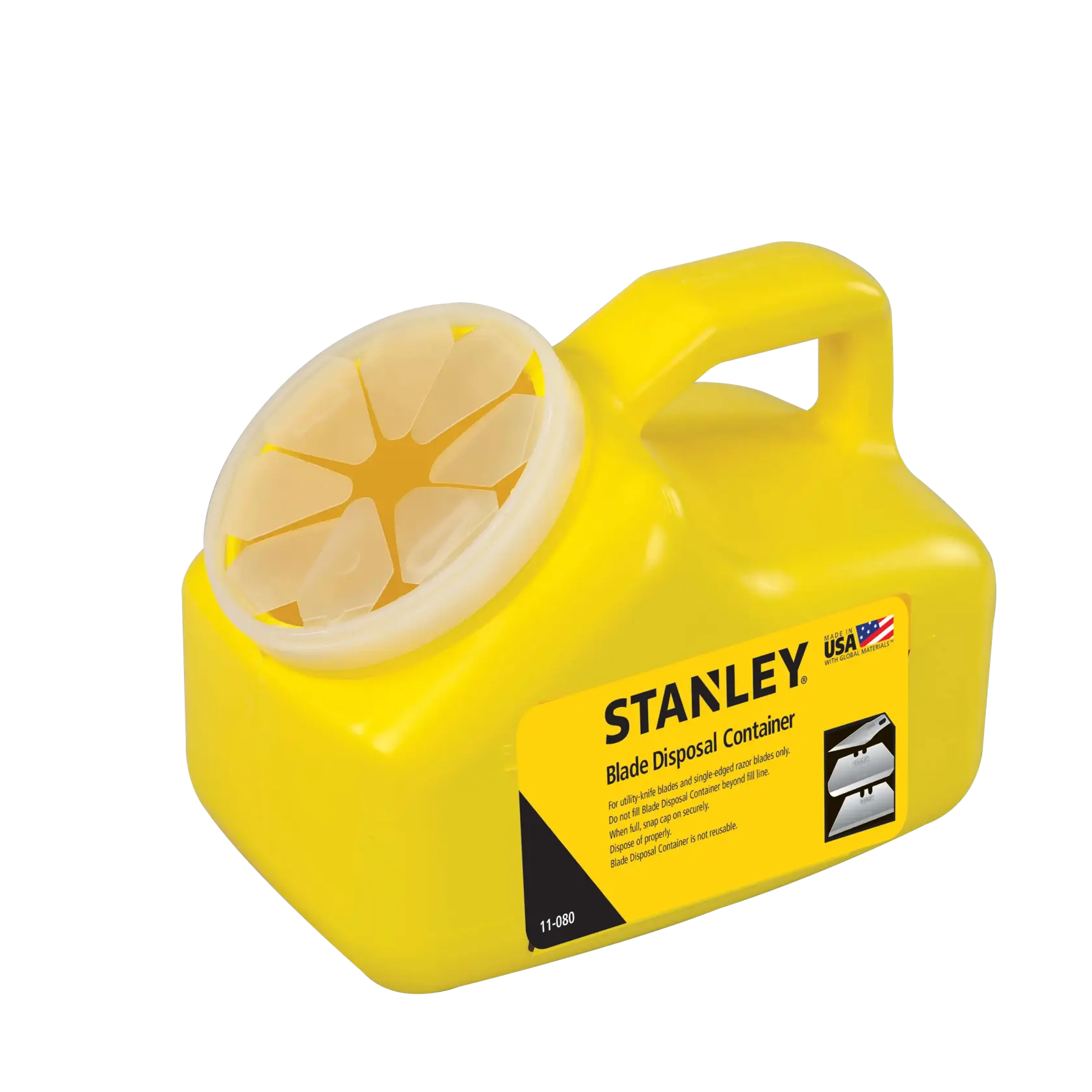 Stanley yellow blade disposal container with a handle and secure plastic lid, angled front view on white background.