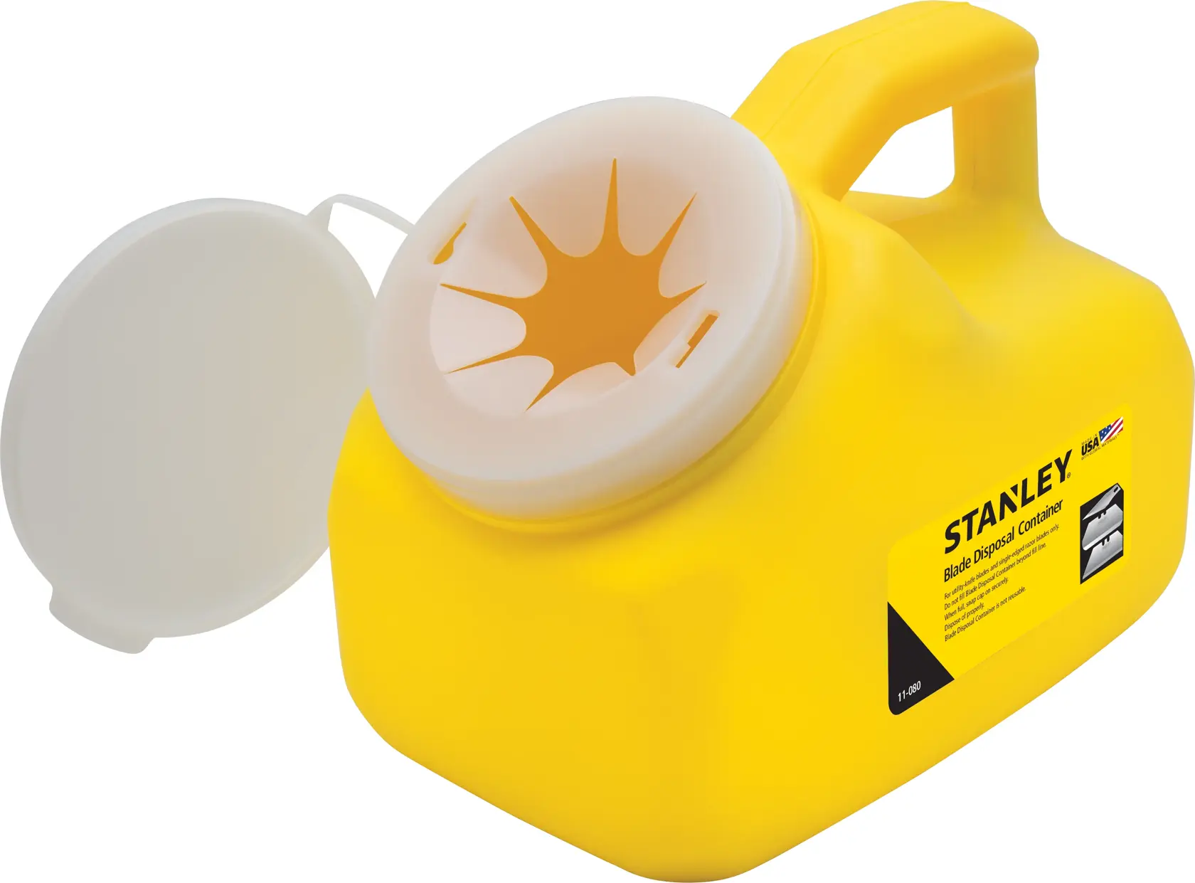 STANLEY 11-080 blade disposal container, yellow plastic, open lid, product photo on white background.