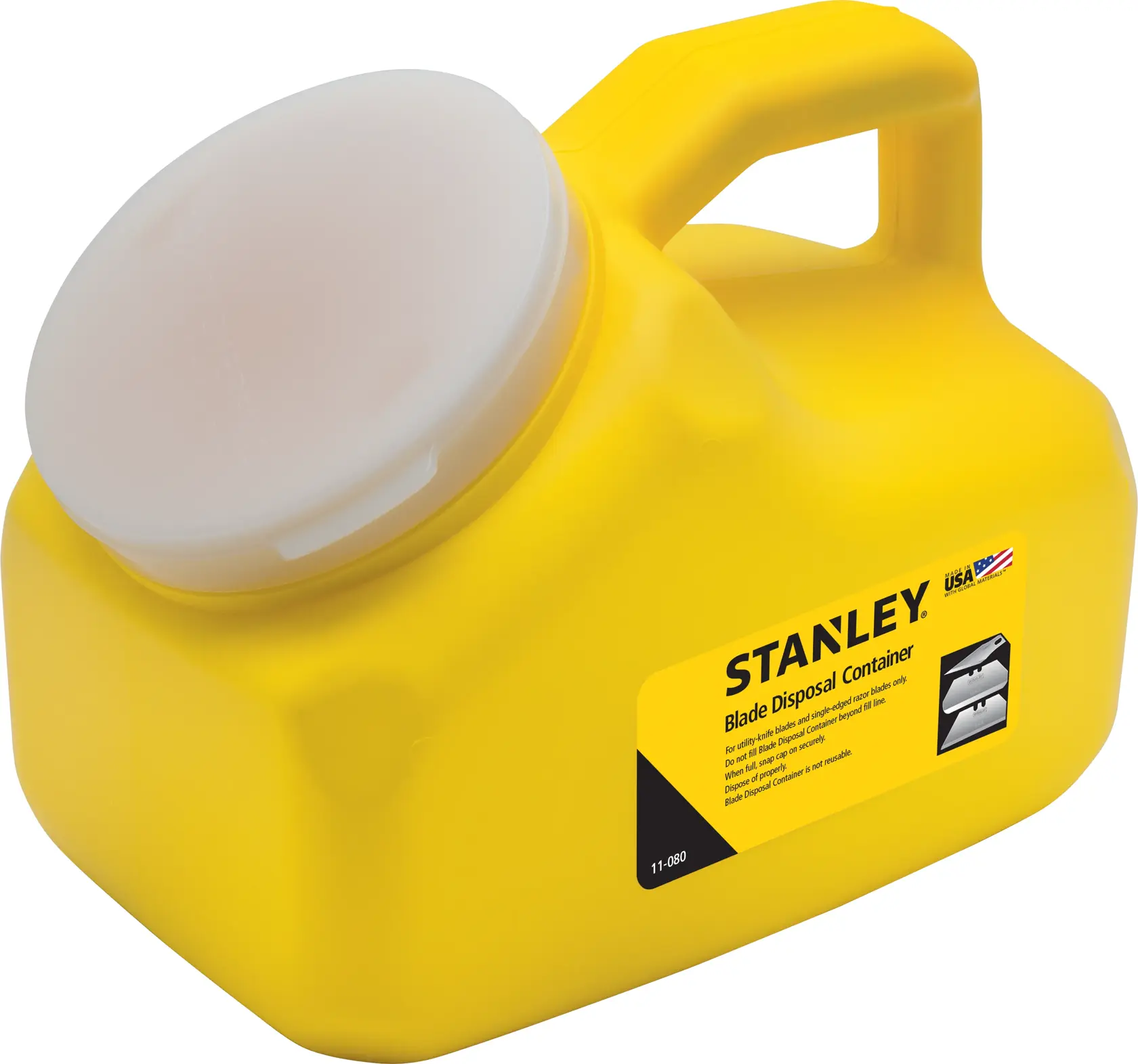 Stanley 11-080 blade disposal container, yellow plastic with white lid, angled product photo on white background.
