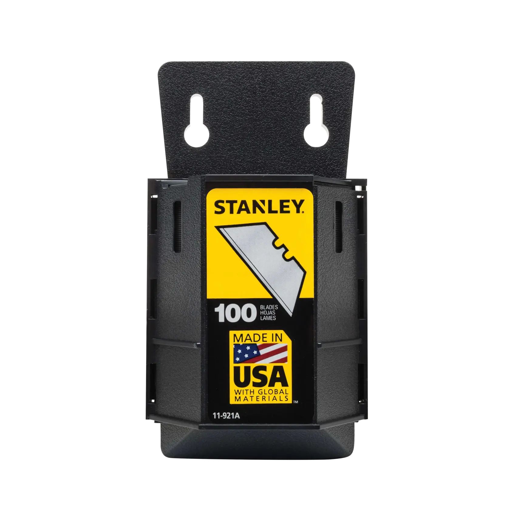 Front angle on white of STANLEY 100-pack utility knife blades in black dispenser with yellow label and USA flag graphic.