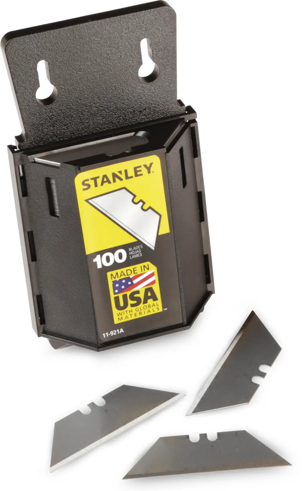 STANLEY 11-921A utility blade dispenser with 100 blades, black holder, and three loose silver blades, front angle.
