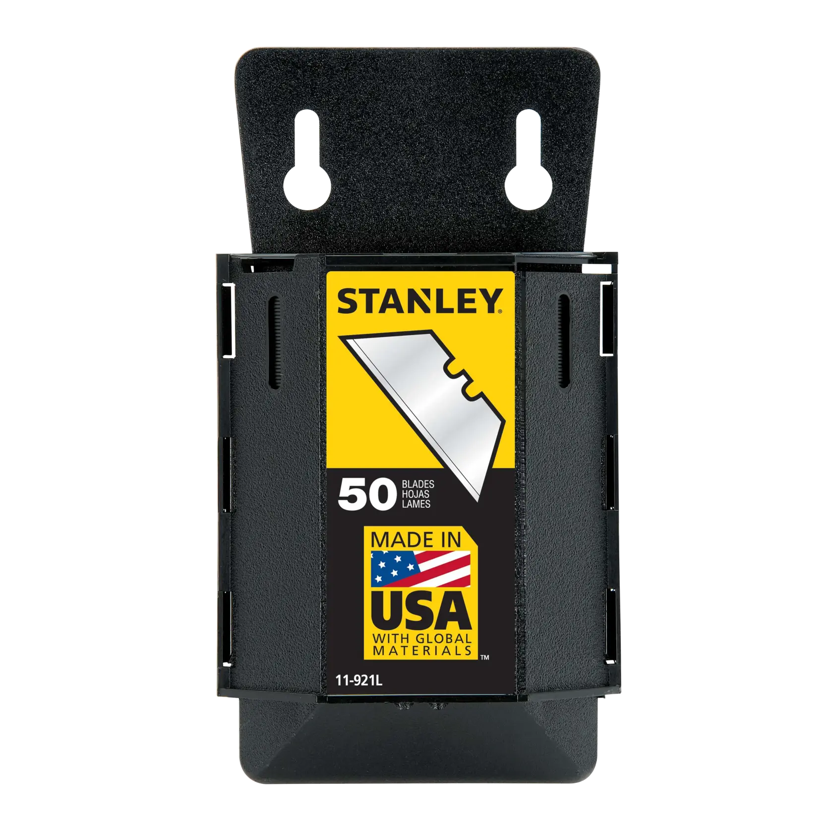 Stanley utility blade dispenser, holds 50 blades, black plastic, front view on white background.