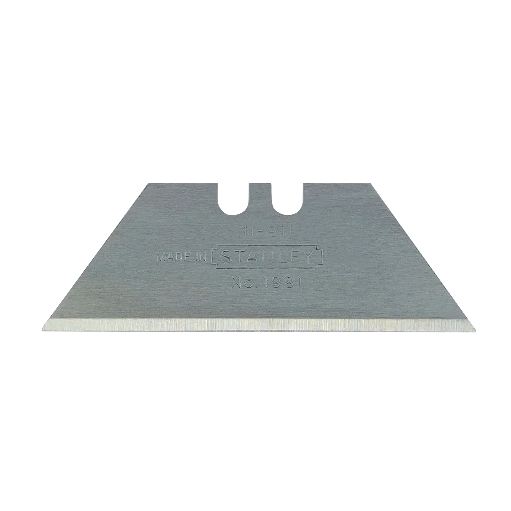 Stanley utility knife blade, straight-on angle, silver metal with sharp edge and dual cutout slots on white background