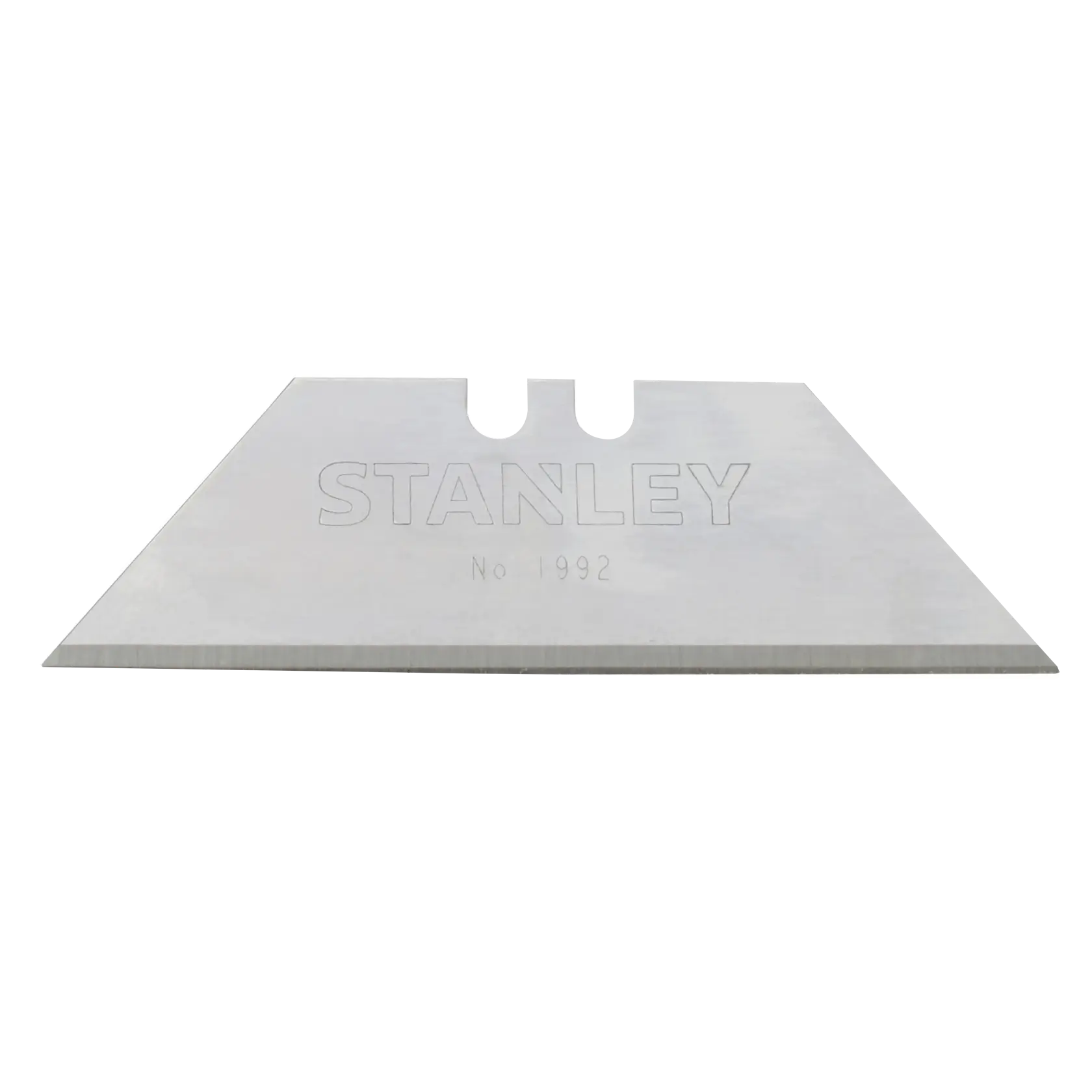 Stanley utility knife replacement blade, silver, flat lay on white background, showing sharp edge and engraved logo.