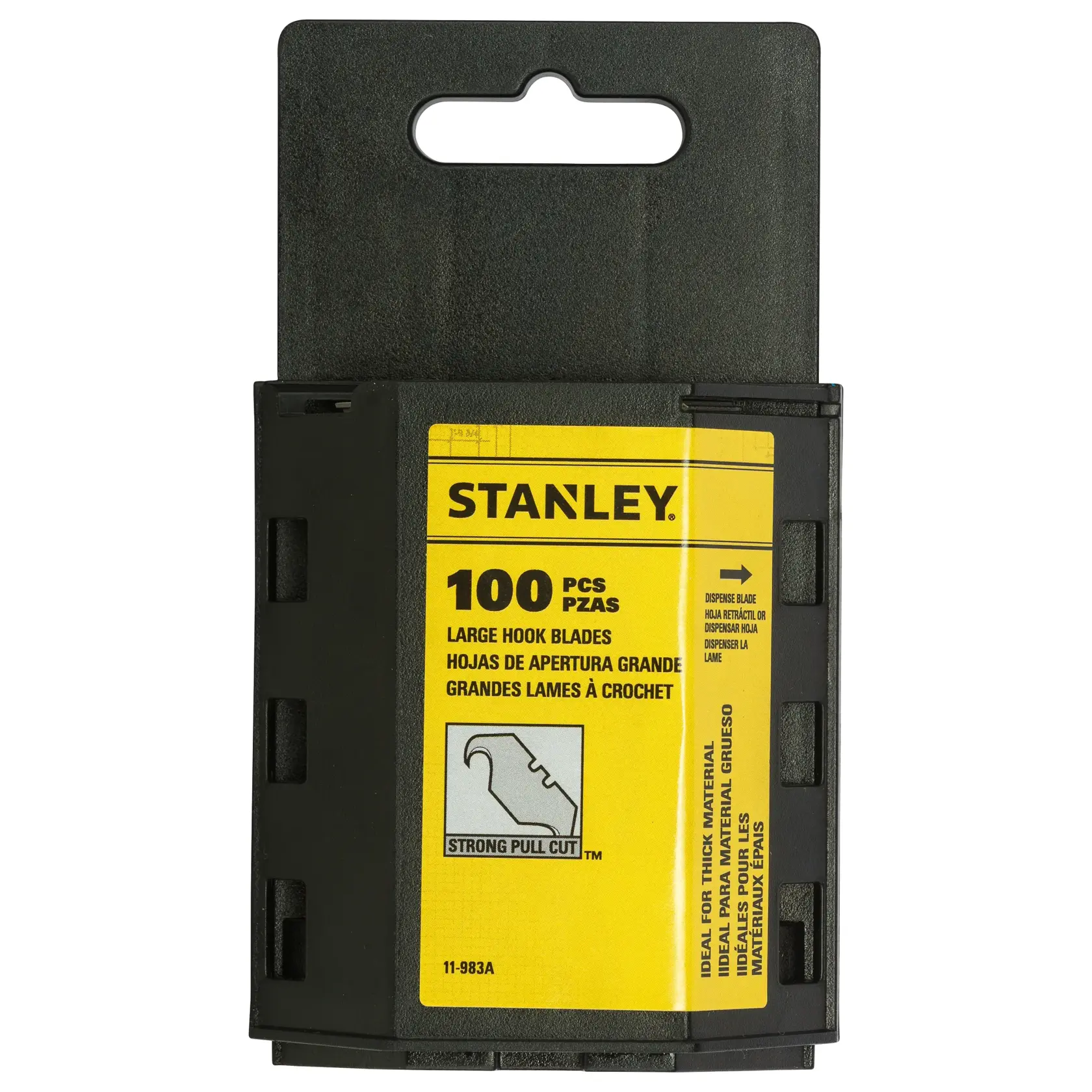 STANLEY 11-983A large hook blades 100-pack in black and yellow plastic case, package front view.