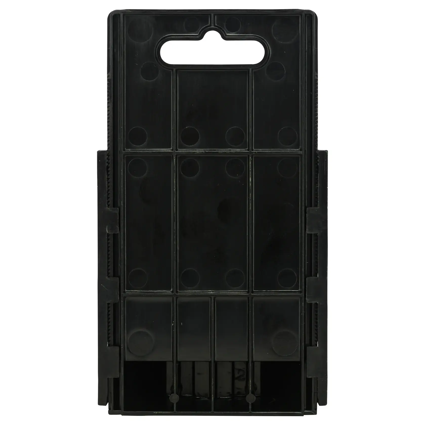 STANLEY 11-983A black plastic utility knife blade dispenser, front angle, with handle cutout.