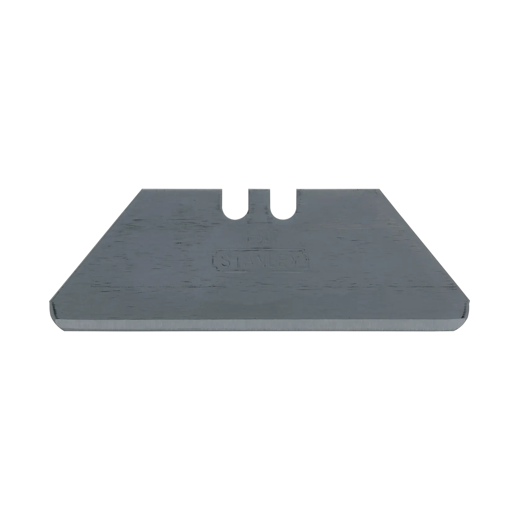 Stanley utility knife blade, silver metal, straight-on front view, white background