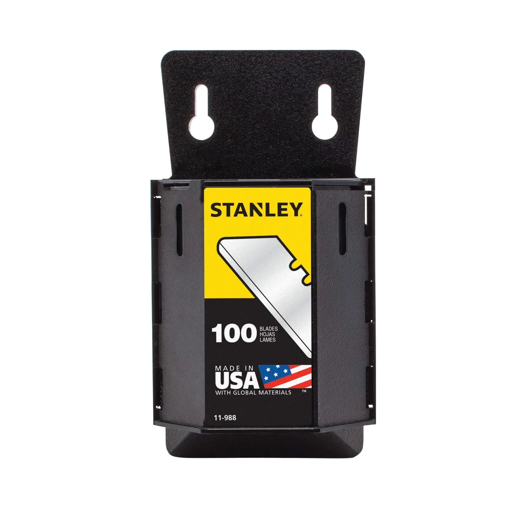 Front view of STANLEY razor blade dispenser, black case with yellow label, contains 100 blades, SKU 11-988.