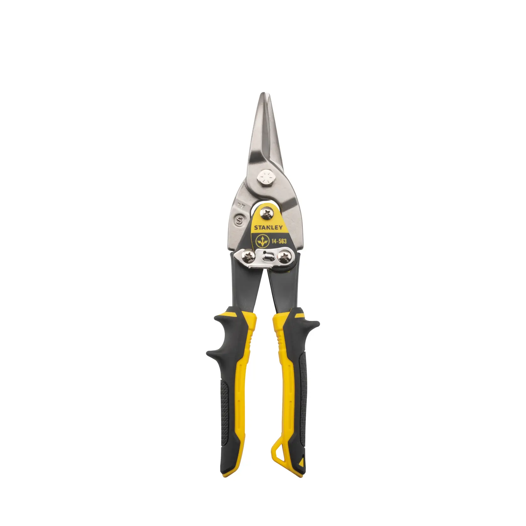 STANLEY 14-563 aviation snip with yellow and black ergonomic handles, front angle on white background.