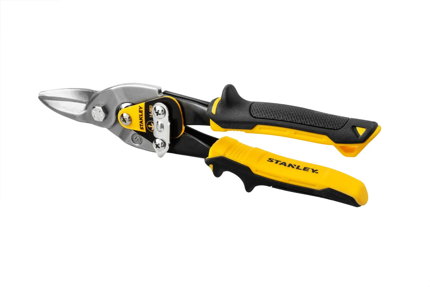STANLEY 14-563 aviation snips with yellow and black ergonomic handles, front angle on white background.