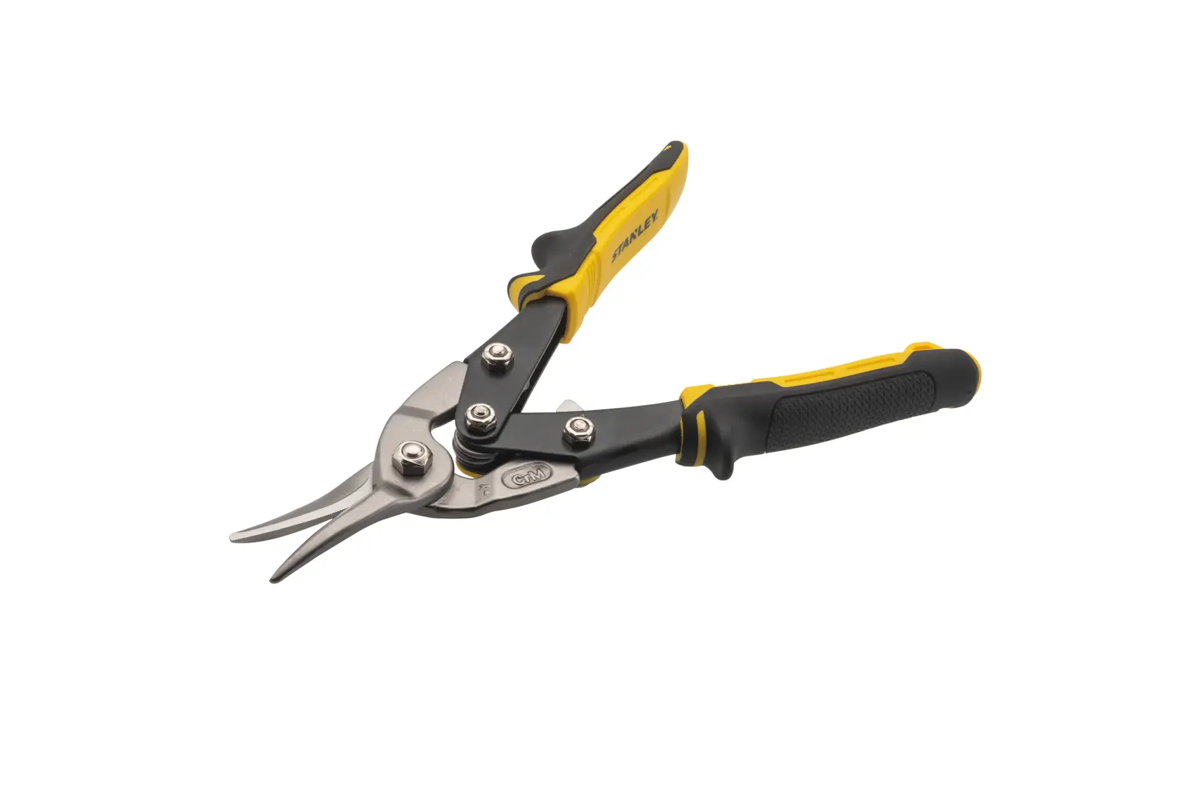 Photo of STANLEY 14-563 aviation snips with yellow and black handles, angled blade, on white background.