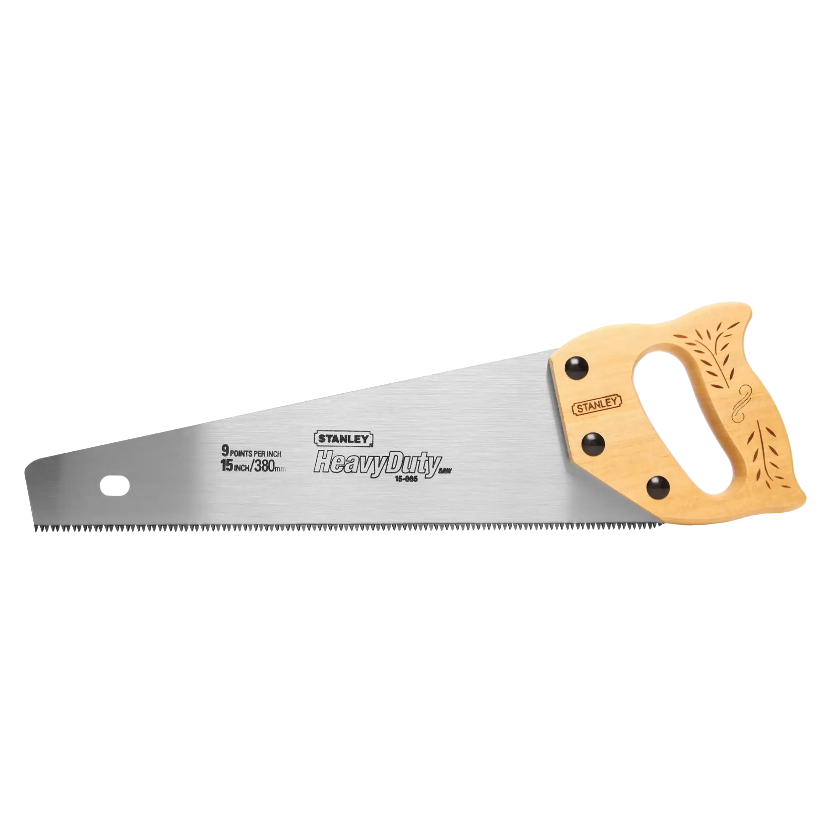 STANLEY 15-085 Heavy Duty hand saw with wooden handle, side angle, white background.