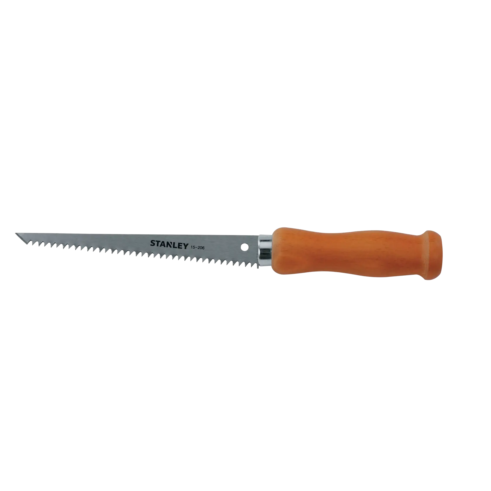 STANLEY keyhole saw with straight steel blade and wooden handle, side view on white background