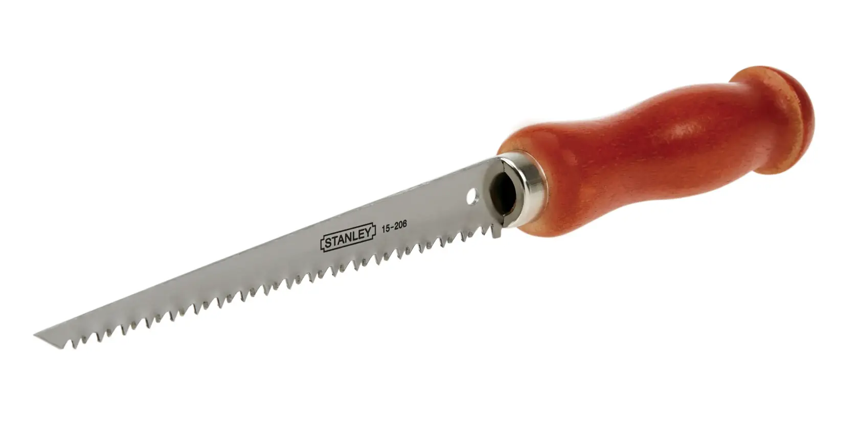 STANLEY jab saw with straight serrated blade and wooden handle, angled side view on white background