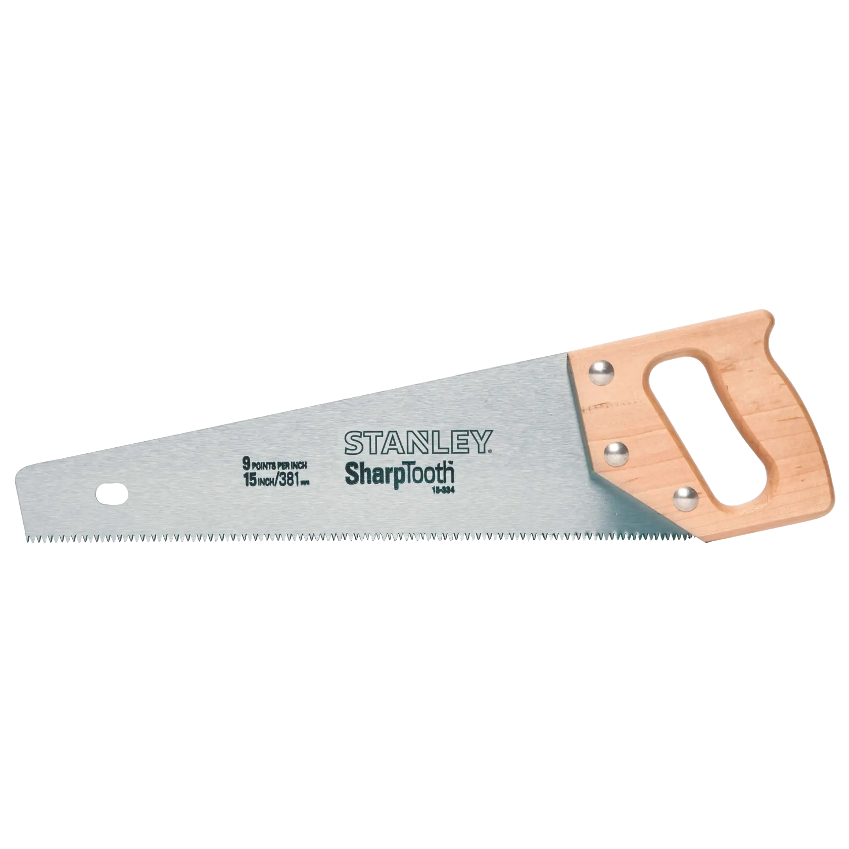 Stanley hand saw with SharpTooth blade and wooden handle, side angle on white background