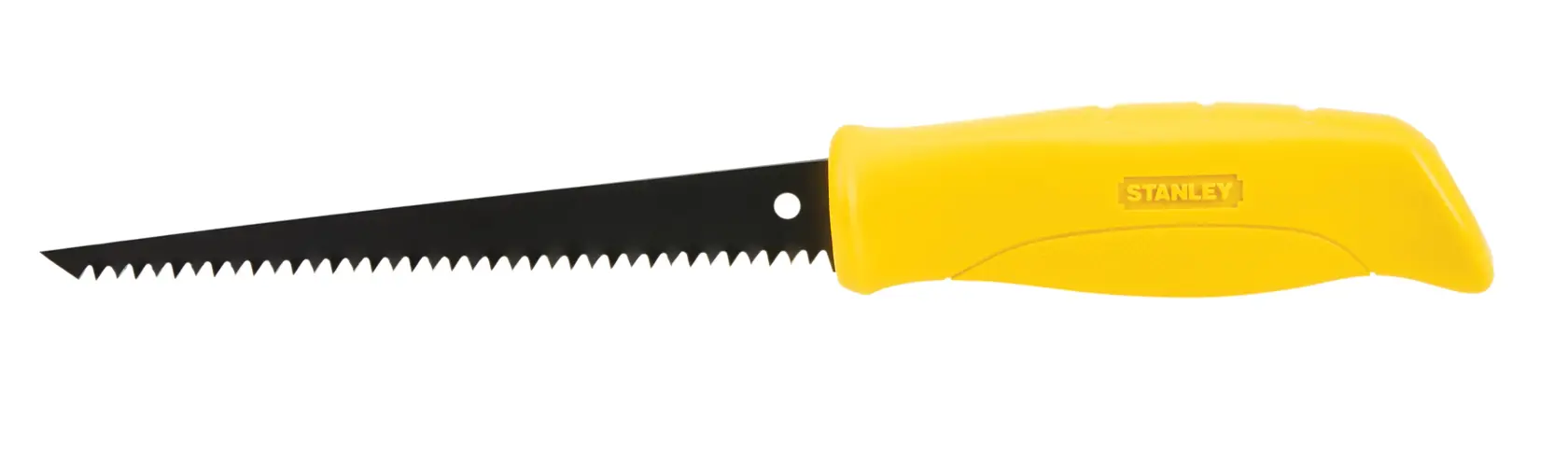 Stanley drywall saw with yellow handle and black serrated blade, side view on white background