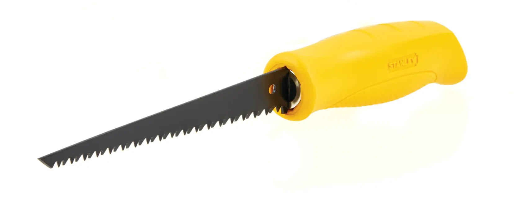 Stanley yellow-handled keyhole saw with black blade, side angle on white background