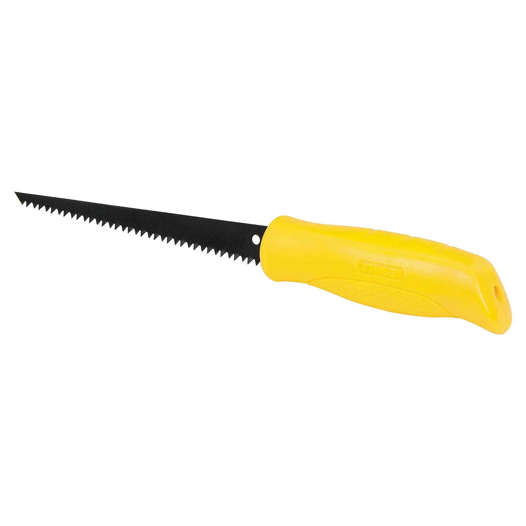 STANLEY 15-556 drywall saw with a black serrated blade and yellow ergonomic handle, side angle on white background.
